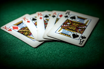 Five poker kings and one ace cards on a green felt table.