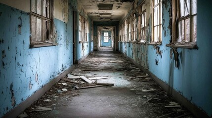 Fototapeta premium Eerie Abandoned Hallway with Crumbling Walls and Broken Windows