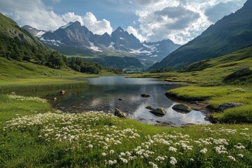 A serene landscape featuring a tranquil lake surrounded by lush greenery and majestic mountains under a partly cloudy sky.