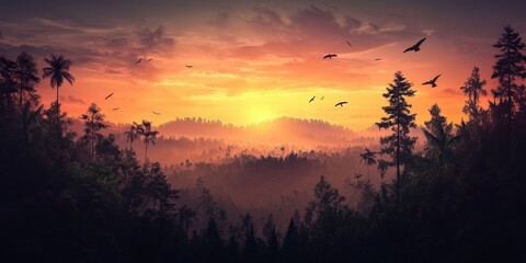 Fototapeta premium A serene landscape featuring silhouettes of trees against a vibrant sunset, with birds soaring through the sky, creating a tranquil atmosphere.