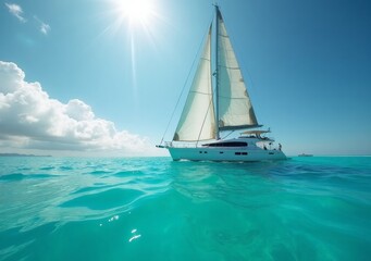 Fototapeta premium Sailing in crystal clear waters on a sunny day near a tropical paradise