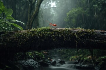 A vibrant rainforest scene with a log covered in moss and a small mushroom, set against a backdrop of dense foliage and gentle rainfall.
