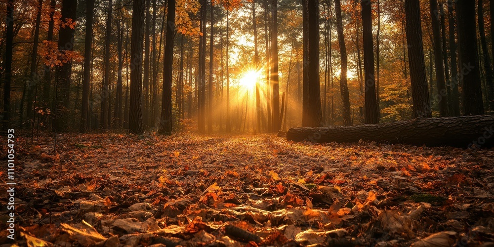 Poster a serene autumn forest scene with golden sunlight filtering through trees, illuminating a carpet of 