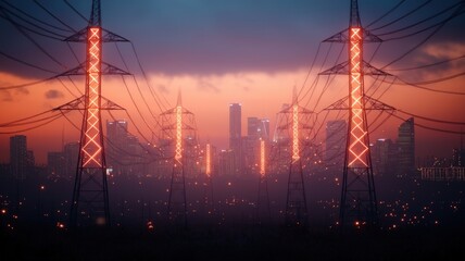 peak energy grid concept. A dramatic cityscape at sunset, featuring illuminated power lines leading to a skyline shrouded in mist.