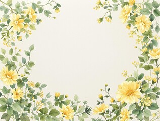 Obraz premium Close up of delicate watercolor green plants and yellow flowers on paper, intricate, handmade, vibrant