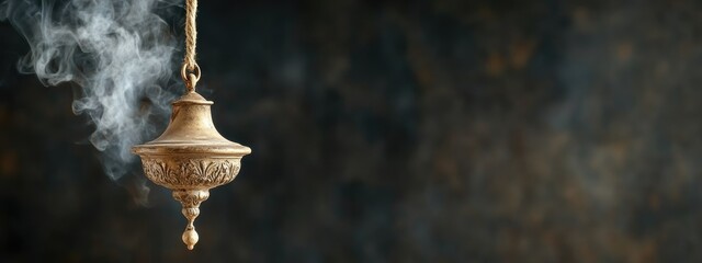 Naklejka premium Incense burner, church censer used in religious ceremonies, releasing fragrant smoke to enhance spiritual ambiance, prayers rising towards divine, sacred atmosphere during worship.