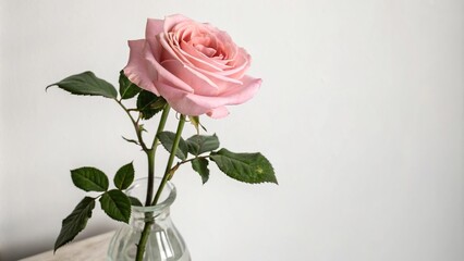 Fototapeta premium Pastel pink rose blooming in a vase, flowers in water, home decor
