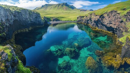 Aerial view of Kirkjufell mountain surrounded by a lush green landscape,