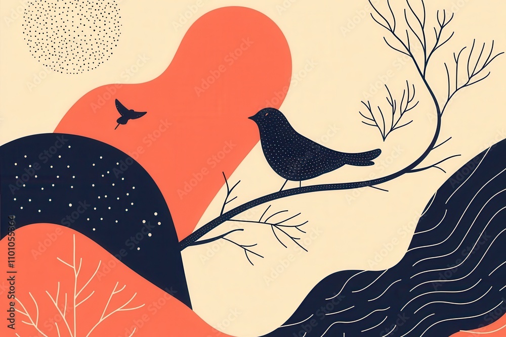 Poster a stylized illustration featuring a bird on a branch, surrounded by abstract shapes, trees, and a su