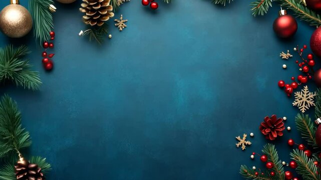 The beautiful Christmas decoration features vibrant red and gold ornaments with pine cones, arranged against a calming blue background, enhancing the festive look and bringing joy to any space