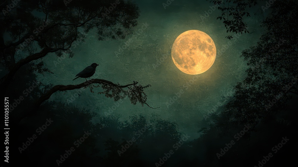 Poster a serene night scene features a large full moon illuminating a dark forest, with a silhouette of a b