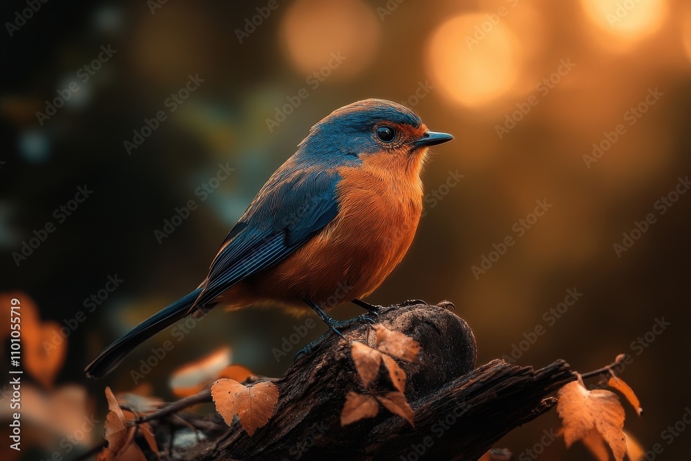 Aufkleber a vibrant bird perched on a branch, surrounded by soft bokeh and autumn leaves, illuminated by warm,