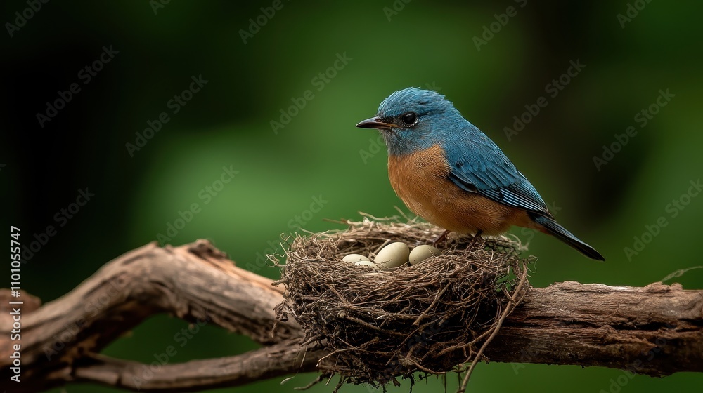 Poster a vibrant bird sits protectively on a nest containing eggs, surrounded by lush greenery.