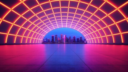 peak energy grid concept. A vibrant, neon-lit archway leads to a city skyline, showcasing a captivating blend of colors and modern architecture.