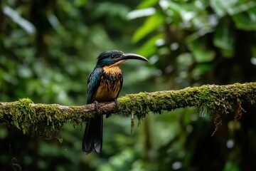 A vibrant bird perched on a mossy branch amidst lush greenery, showcasing its striking colors and natural habitat.