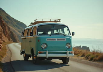 Classic vintage van drives along a coastal road with scenic ocean views