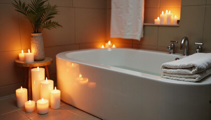 Romantic evening in a serene bathroom with warm candlelight and a cozy ambiance