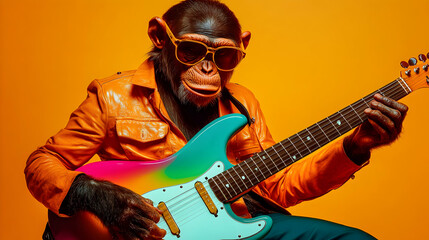 Obraz premium A Chimpanzee in an Orange Jacket Plays a Colorful Electric Guitar Against a Vibrant Yellow Background