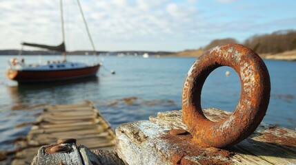 Fototapeta premium Rusty mooring ring on weathered wooden pier with blurred sailboat anchored in serene water and cloudy sky in the background