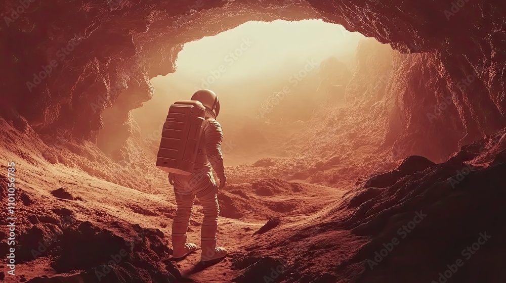 Canvas Prints astronaut exploring martian cave system landscape