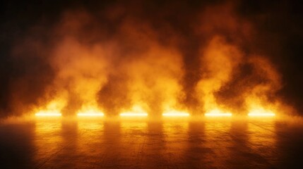 Dramatic illuminated stage with vibrant yellow spotlight and smoky haze creating an atmospheric display against a dark backdrop.