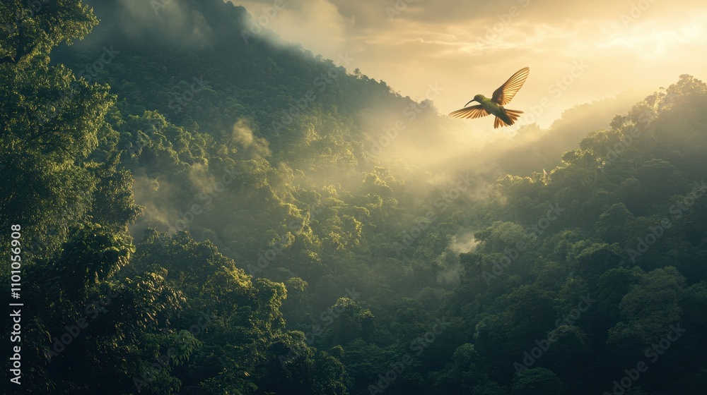 Poster a serene landscape featuring lush greenery under a golden sky, with a bird soaring through the mist,