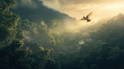 Obraz premium A serene landscape featuring lush greenery under a golden sky, with a bird soaring through the mist, creating a tranquil and enchanting atmosphere.