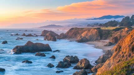 Obraz premium Majestic rugged cliffs adorned with scattered rocks along a serene ocean, illuminated by the warm hues of a breathtaking sunrise.