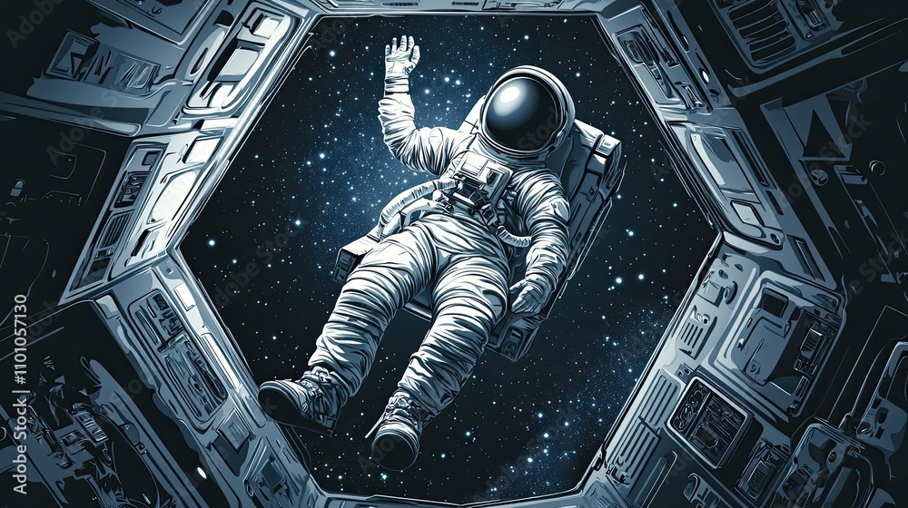 Wall mural astronaut floating in space outside spaceship