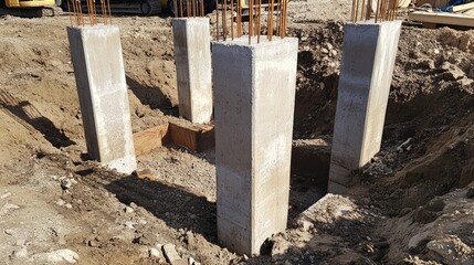 Installation of precast concrete pillars at a construction site, showcasing multiple pillars set in the ground with exposed rebar and surrounding earth.