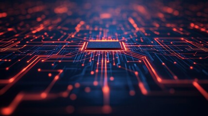 peak energy grid concept. A futuristic circuit board pattern illuminated with glowing lines, showcasing technology and digital connections.