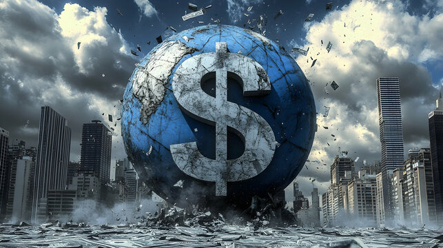 3D Render: Crumbling Global Economy, Dollar Sign Implodes Cityscape, Abstract Background