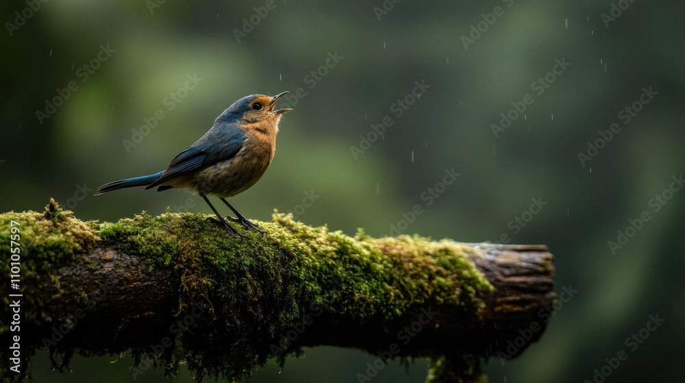 Poster a small bird perched on a moss-covered log amidst a lush, green background, creating a tranquil, nat