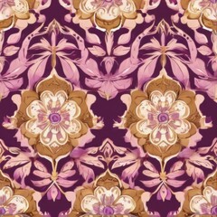 Elegant seamless floral pattern on deep purple background with pink and gold flowers and symmetrical arrangement.