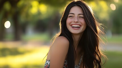 Fototapeta premium Portrait shot of a woman laughing with copy space, park background.