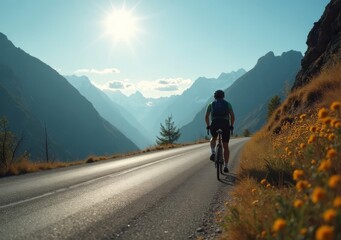 Cyclist riding along mountain road at sunrise in a scenic landscape