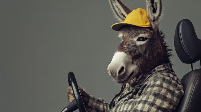Donkey Dressed as a Taxi Driver in Yellow Cap