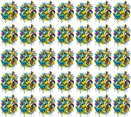 Obraz premium Vibrant Music Pattern: A lively and colorful pattern featuring stylized guitars, music notes, and splashes of vibrant colors, ready to add energy and rhythm to your design project. 