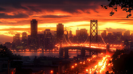 Fototapeta premium Fiery Sunrise Illuminates Cityscape and Bridge, Traffic Flows Below, Dramatic Sky