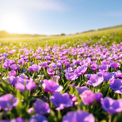 Delicate purple flower petals scattered on a soft green grassy field, springtime scene, flower petals, blooming flowers