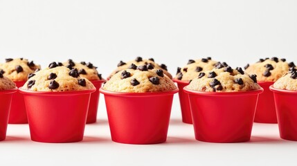 Mouthwatering chocolate chip muffins presented in vibrant red cups on a clean white background, showcasing their delicious texture and appealing design.