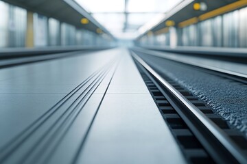 Obraz premium Modern train platform perspective, clean lines, steel rails, vanishing point. Generative ai