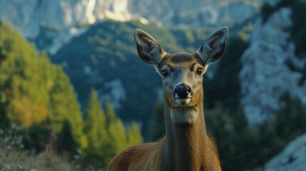Obraz premium Majestic deer standing gracefully in a mountainous landscape, showcasing its untamed beauty amidst lush greenery and rugged mountainous terrain.
