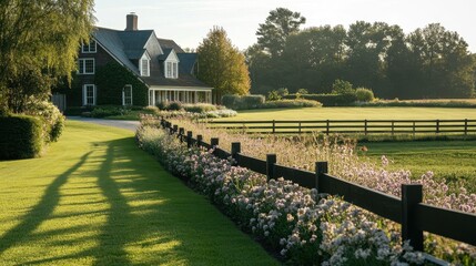 Fototapeta premium Serene Country Estate with Lush Landscaping and Picturesque Scenery