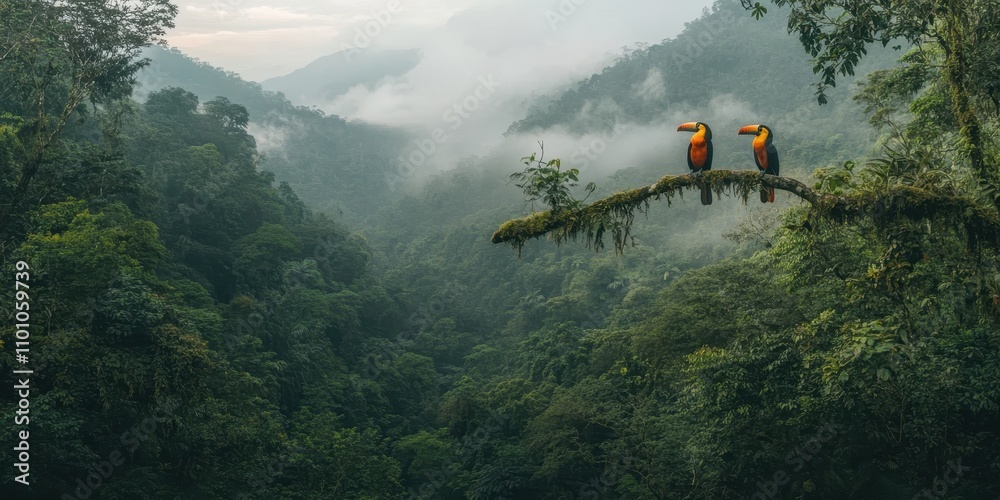 Poster two colorful birds perched on a branch overlooking a misty, lush green forest with rolling hills in 