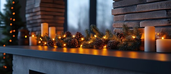 Christmas garland with warm yellow lights on a black table creating a cozy festive atmosphere with pinecones and candles in a modern setting