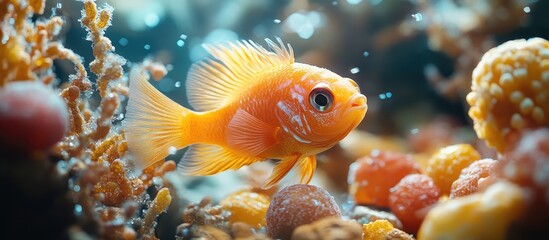 Fototapeta premium Aquarium fish swimming through colorful snacks and vibrant underwater coral in a surreal underwater party setting