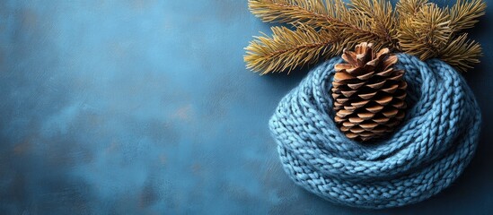 Naklejka premium Fir cone and wool scarf arrangement on blue background highlighting seasonal warmth and nature's beauty in cozy settings