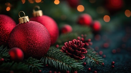 Obraz premium Festive background featuring red holiday baubles with pine branches and decorative elements for a joyful Christmas atmosphere