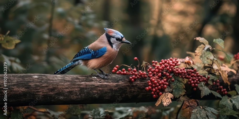 Poster a colorful bird perched on a log adorned with vibrant red berries, set against a blurred forest back